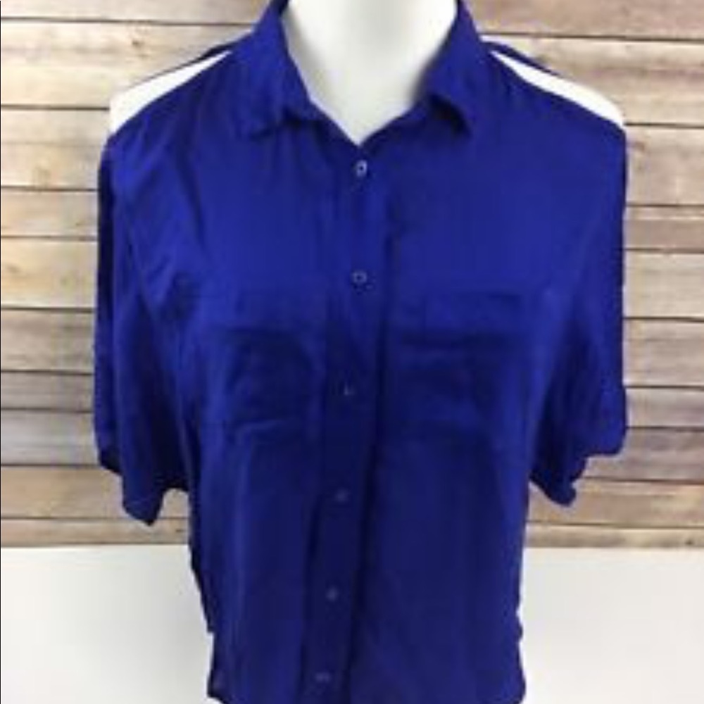 Blue cold shoulder button up